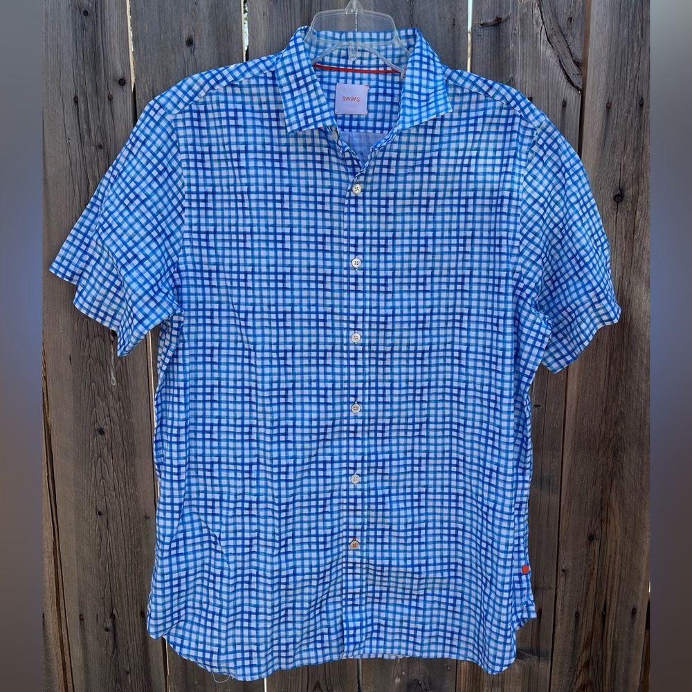Swims‎ Mens NWOT White and Blue Checkered Barrano Woven Button Down Shirt Large